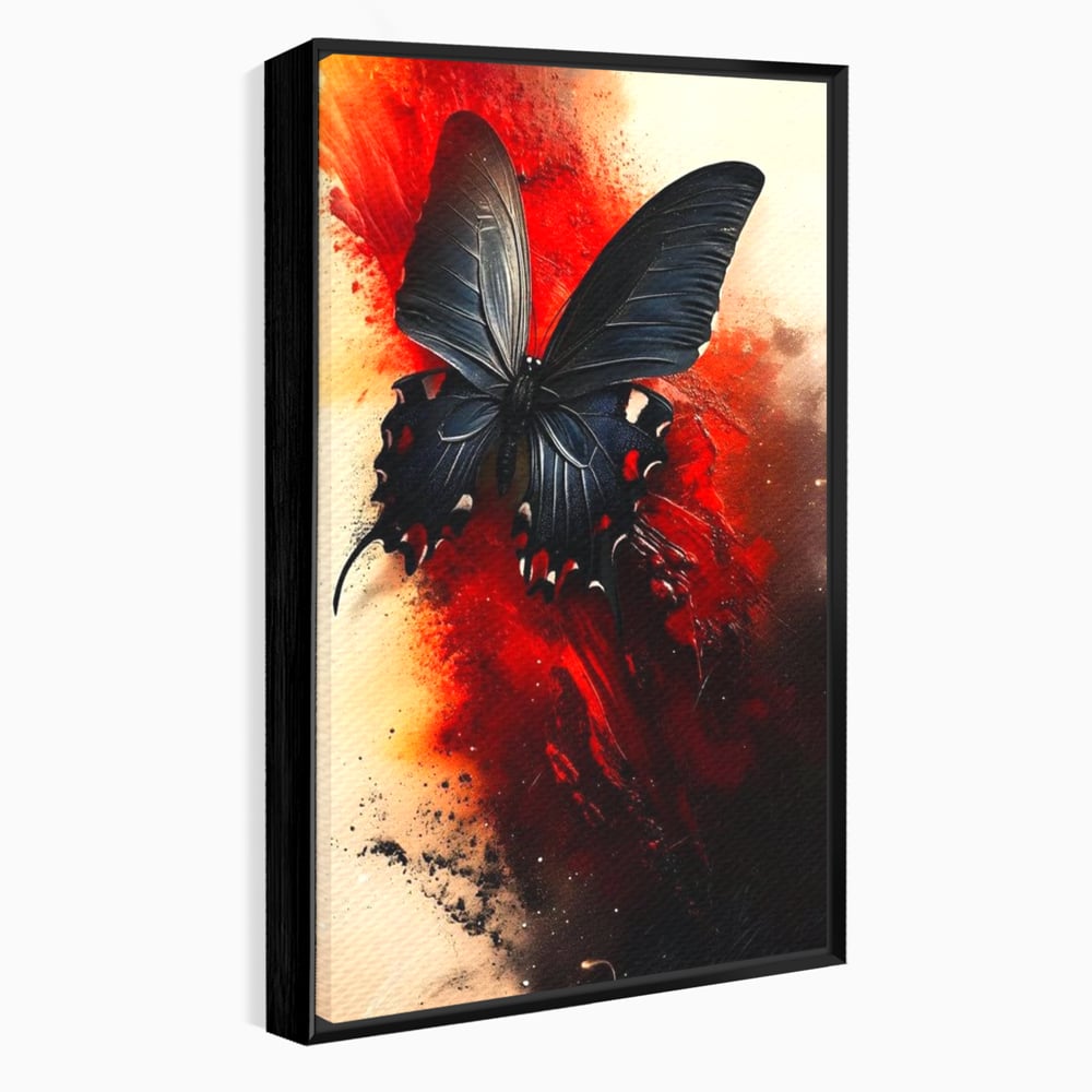 Tablou canvas cu tablou canvas cu fluture negru si fundal rosu, in rama de aluminiu negru